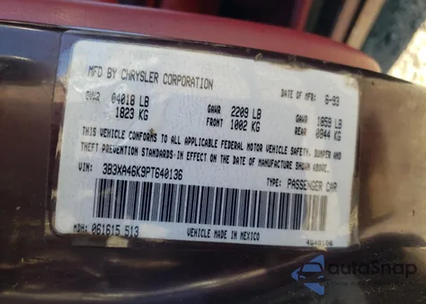 1993 Dodge Spirit из США, поврежденный, VIN 3B3XA46K9PT640136